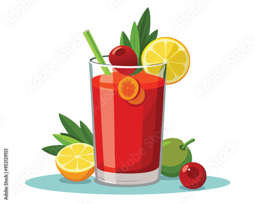 Bloody mary cocktail with lemon  green olives and tomato sauce vector illustration