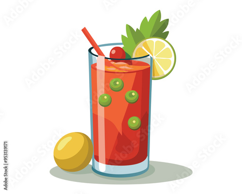 Bloody mary cocktail with lemon  green olives and tomato sauce vector illustration