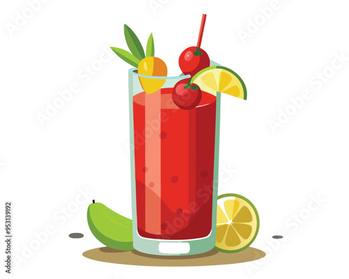 Bloody mary cocktail with lemon  green olives and tomato sauce vector illustration