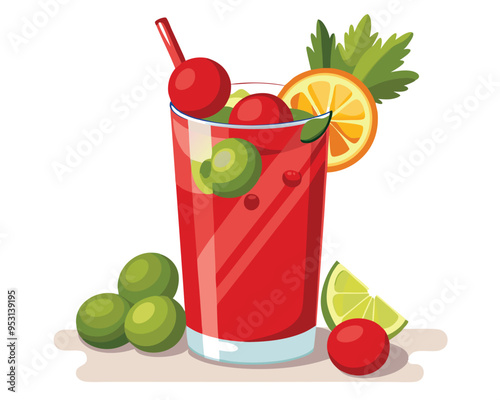 Bloody mary cocktail with lemon  green olives and tomato sauce vector illustration