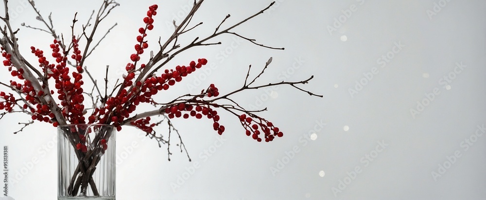 Winter composition of white branches, red berries and leaves with sparkles in vase on white background Winter composition of white branches, red berries and leaves with sparkles in vase on white background