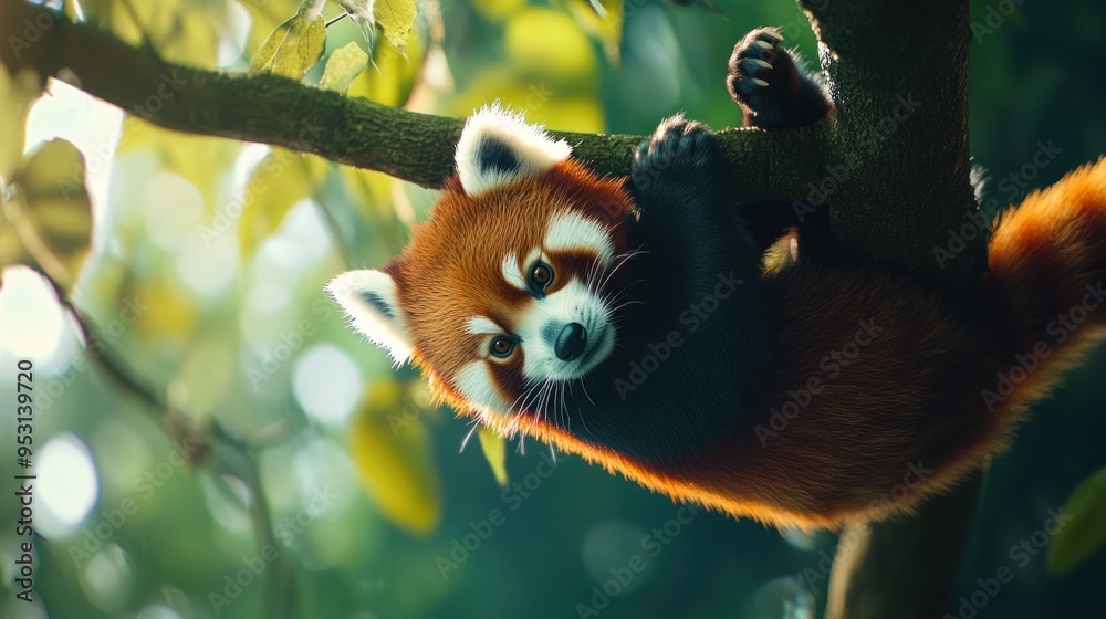 Fototapeta premium Red Panda Hanging on a Branch