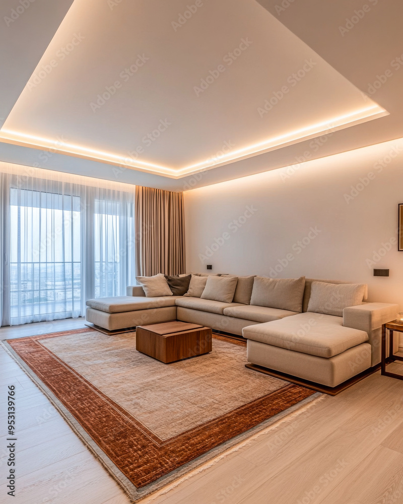 Fototapeta premium Modern minimalist living room interior with futuristic led lighting