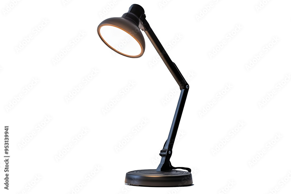 A black desk lamp with a white light bulb illuminates a dark background. A black desk lamp with a white light bulb illuminates a dark background.