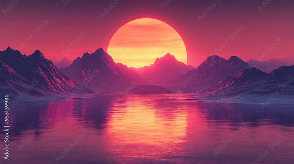 3D rendering of an abstract geometric background with a violet-yellow sunset, surreal hills, flat glass triangles, and reflections in mirror-like water, creating a minimalist wallpaper. 3D rendering of an abstract geometric background with a violet-yellow sunset, surreal hills, flat glass triangles, and reflections in mirror-like water, creating a minimalist wallpaper.