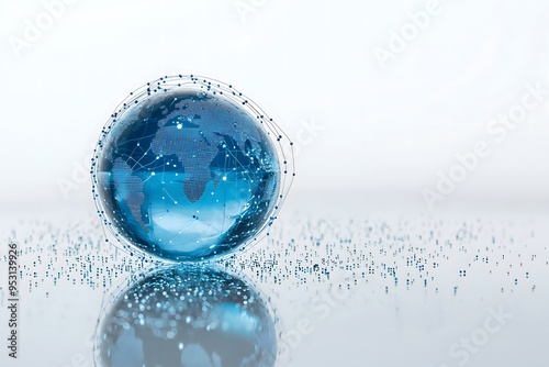blue glass globe encircled by digital network lines, representing global connectivity, communication, and technology.