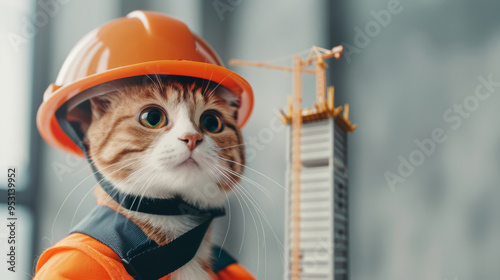 Cute cat dressed as a construction worker with a hard hat and vest, standing near a model construction site.