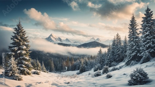  Winter landscape with snow and fir trees as vintage christmas wallpaper