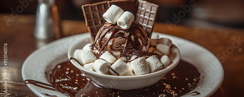 A delicious dessert featuring a scoop of vanilla ice cream topped with rich chocolate sauce and fluffy marshmallows. photo