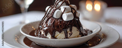 A delicious dessert featuring a scoop of vanilla ice cream topped with rich chocolate sauce and fluffy marshmallows. photo