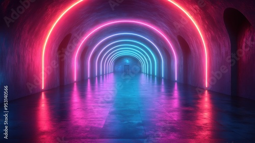 3D rendering of an abstract neon background with pink and blue glowing lines, an empty tunnel, a long corridor, a road, and a performance stage floor with reflections.