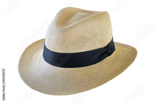 A straw hat with a black ribbon.