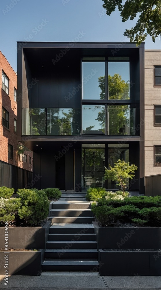 Modern house facade with large windows and greenery. Modern house facade with large windows and greenery.