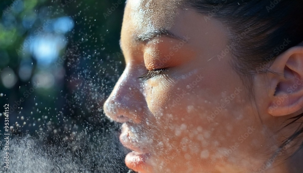 A dynamic action shot of a model spritzing facial mist onto their skin, capturing the refreshing sensation A dynamic action shot of a model spritzing facial mist onto their skin, capturing the refreshing sensation