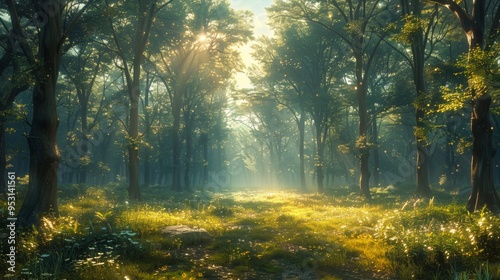 A tranquil forest scene with dappled sunlight filtering through the trees, calming rhythms in nature