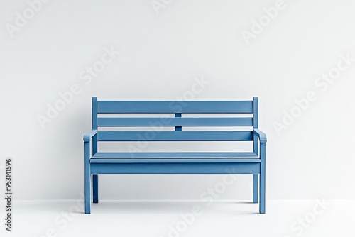 Minimalist blue bench on a white background, placed slightly offcenter to the left, ample space for product photography, clean lines, shot with a Sony Alpha A7 IV