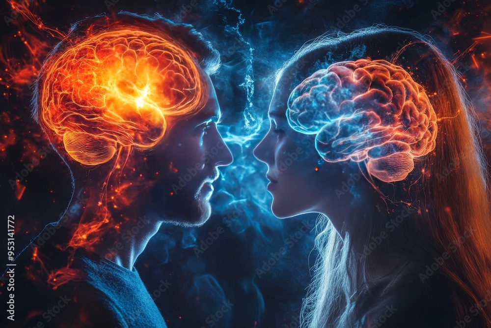 Emotional availability Artistic rendering of two individuals with fiery and electric brains symbolizing the energetic clash and fusion of ideas in a modern intellectual context Emotional availability Artistic rendering of two individuals with fiery and electric brains symbolizing the energetic clash and fusion of ideas in a modern intellectual context