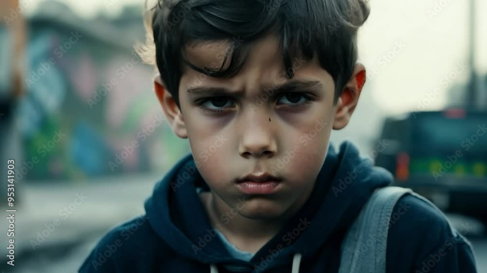 Young boy displaying deep sadness, frowning with a heavy heart. Eyes reflecting feelings of loneliness and despair, capturing the essence of childhood emotions and struggles