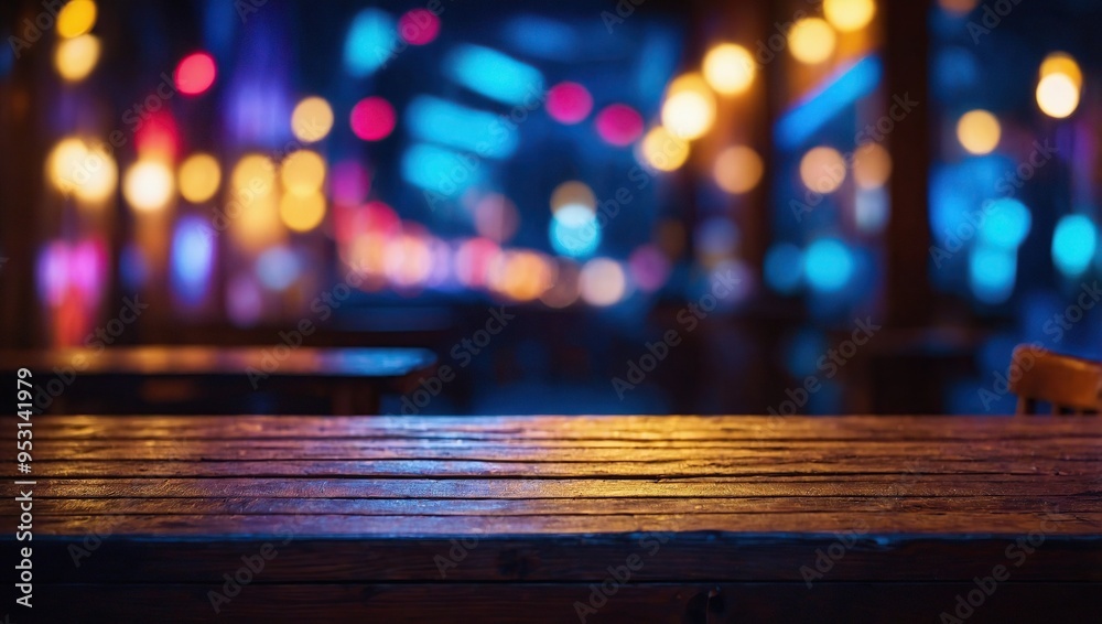 Wooden table, blurred bokeh background background. Neon light, night view, close-up Wooden table, blurred bokeh background background. Neon light, night view, close-up