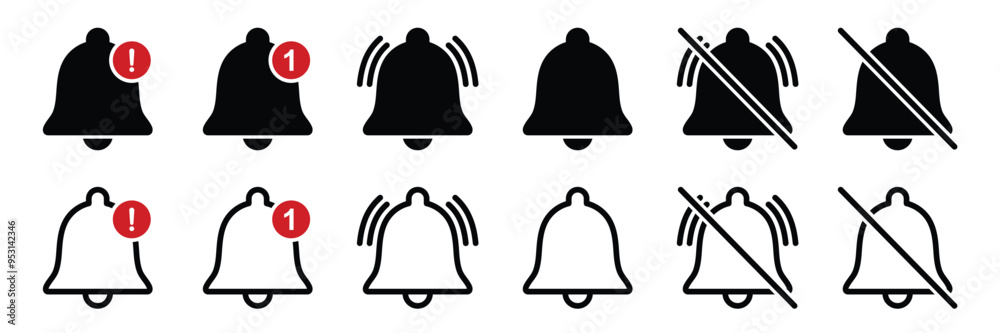 Set of ringing bell and notification icon collection. Notification bell symbol. Vector Illustration. Set of ringing bell and notification icon collection. Notification bell symbol. Vector Illustration.