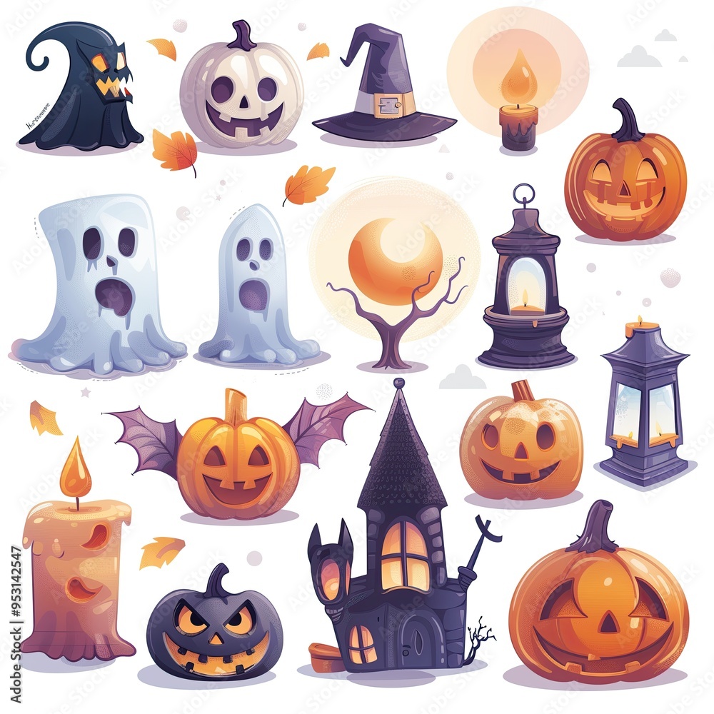Halloween Ghost Candle Witch Hat Pumpkin Jack O Lantern Haunted House Isolated Creepy Clipart Set, Spooky Illustrated Object Element Icon Collection, White Background for Easy Editing Halloween Ghost Candle Witch Hat Pumpkin Jack O Lantern Haunted House Isolated Creepy Clipart Set, Spooky Illustrated Object Element Icon Collection, White Background for Easy Editing