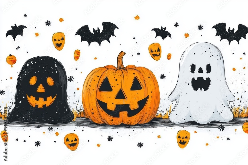 Cute Happy Halloween Seamless Pattern with Playful Ghosts, Pumpkins, and Candy Corn Cute Happy Halloween Seamless Pattern with Playful Ghosts, Pumpkins, and Candy Corn