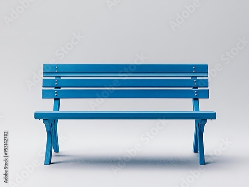 Simple blue bench on a white background, centered with clean lines, minimal composition with ample negative space, ideal for product photography, shot using a Sony Alpha A7 IV