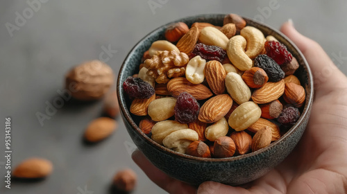 Handful of mixed nuts and dried fruits, portable brainboosting snack, healthy and convenient