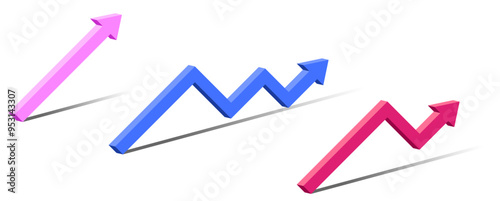set of 3 dimension chart with bars arrow increasing, increase up Indication arrows chart report presentation Statistics and analytics 