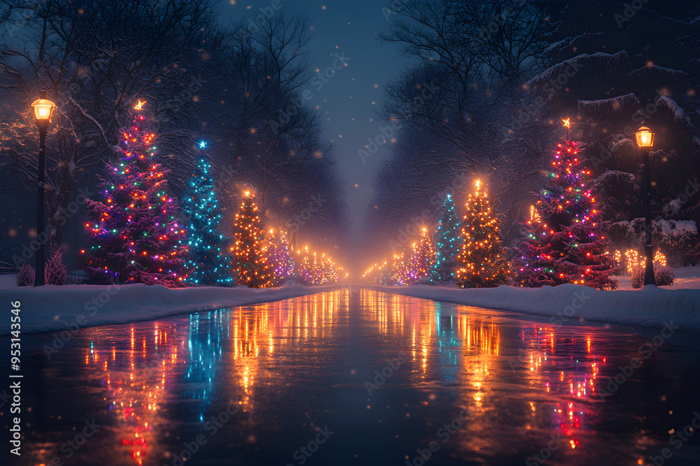 Bunt beleuchtete Tannenbäume am Wasser, made by AI Stock Illustration ...