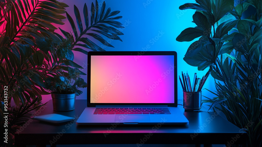 A cozy workspace with vibrant lighting and greenery showcasing a laptop and desk accessories at dusk A cozy workspace with vibrant lighting and greenery showcasing a laptop and desk accessories at dusk