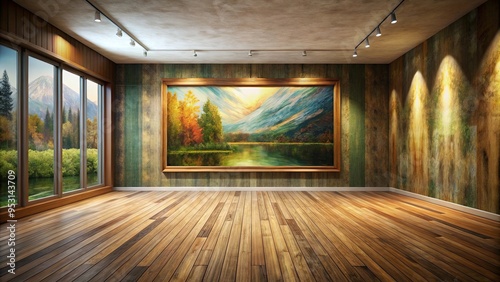 Room with stunning large painting on wooden floor wall