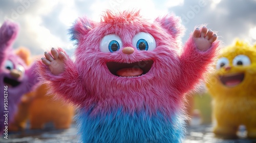 Colorful furry beast cartoon character in a pink and blue hairy monster costume, isolated on white background, happy and active in a dancing pose with hands up.
