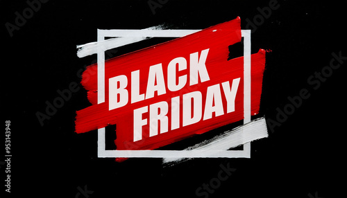 Black Friday concept with skewed vibrant red brushstroke, white square frame, isolated black background, poster promotions advertising badge banner sale. photo