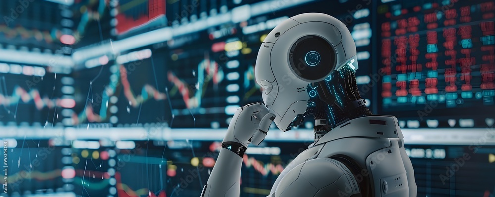 Futuristic Robot Trading in Market with Glitch Effects and Manipulation Futuristic Robot Trading in Market with Glitch Effects and Manipulation