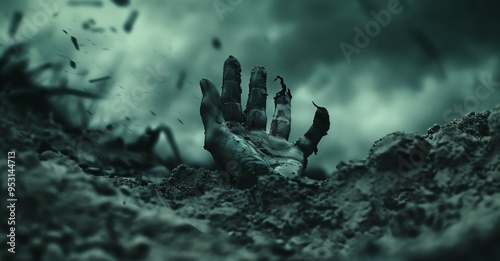 Zombie Hand Rising from Grave in Moonlight