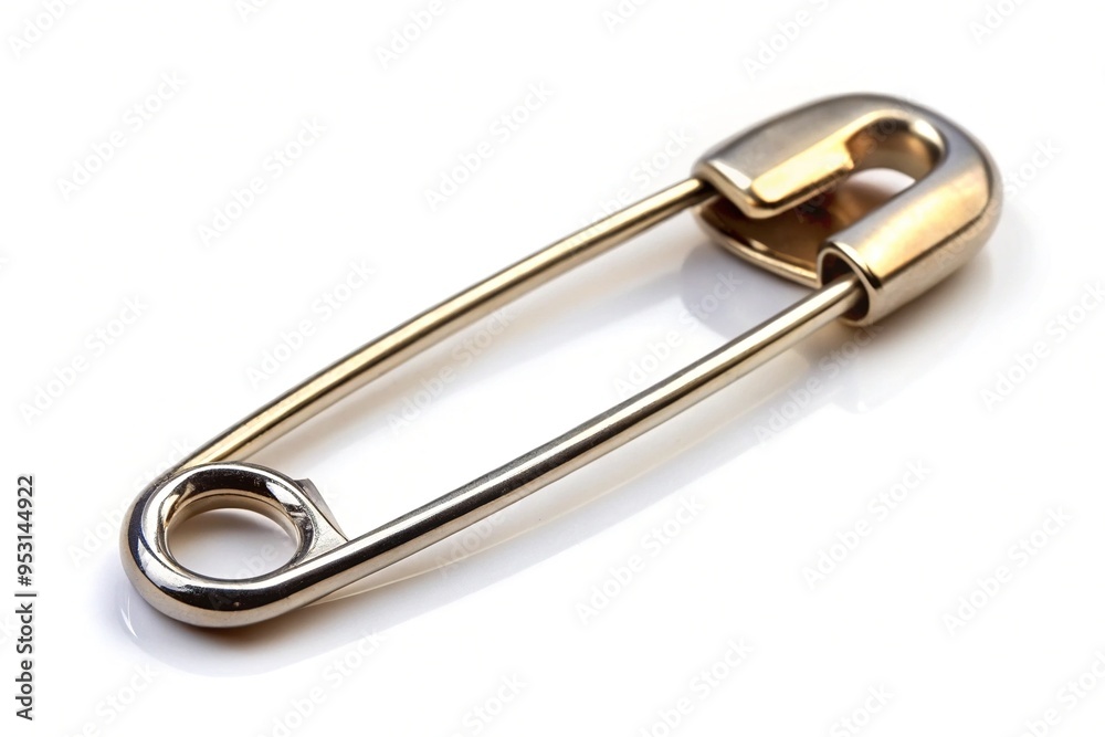 A close-up of a shiny silver safety pin with a sturdy clasp and rounded tip, positioned on a plain white background, emphasizing simplicity and functionality. A close-up of a shiny silver safety pin with a sturdy clasp and rounded tip, positioned on a plain white background, emphasizing simplicity and functionality.