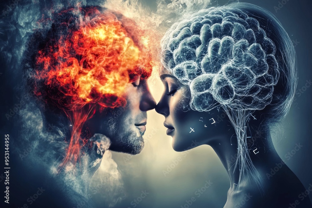Love rituals Artistic rendering of a couple with fiery and icy brains symbolizing the contrast and complementarity of their thoughts and emotions Love rituals Artistic rendering of a couple with fiery and icy brains symbolizing the contrast and complementarity of their thoughts and emotions