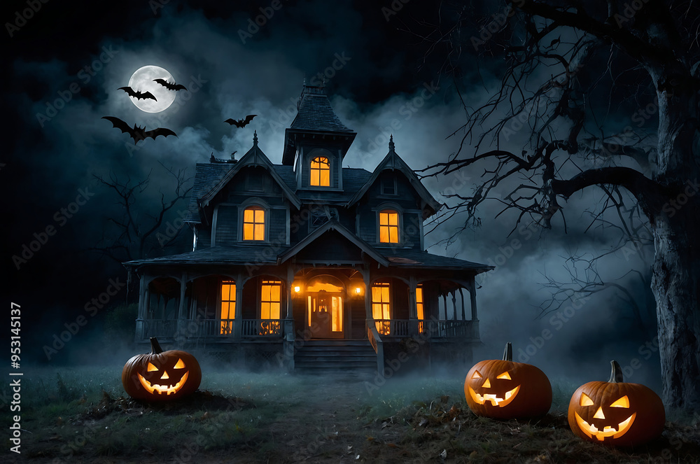 The haunted house with dead tree, bats and Halloween pumpkins on full moon night.Halloween night. The haunted house with dead tree, bats and Halloween pumpkins on full moon night.Halloween night.