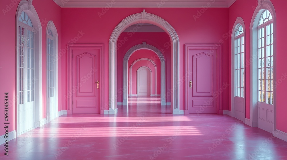 3D rendering of open double doors in a modern pink room as an architectural or interior element, a dream metaphor. 3D rendering of open double doors in a modern pink room as an architectural or interior element, a dream metaphor.