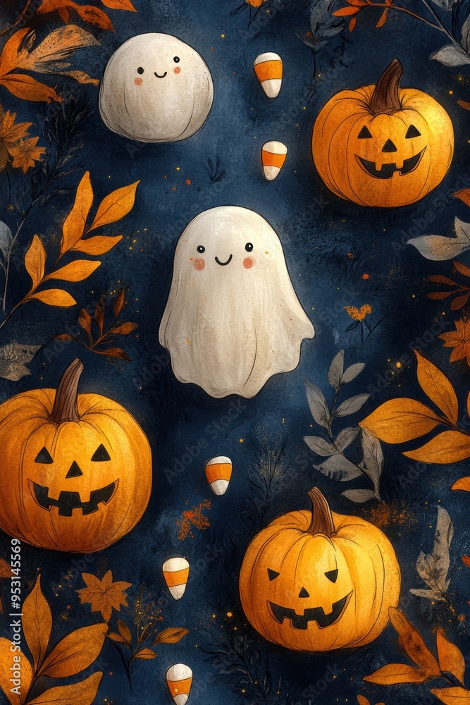 Cute Happy Halloween Seamless Pattern with Playful Ghosts, Pumpkins, and Candy Corn Cute Happy Halloween Seamless Pattern with Playful Ghosts, Pumpkins, and Candy Corn