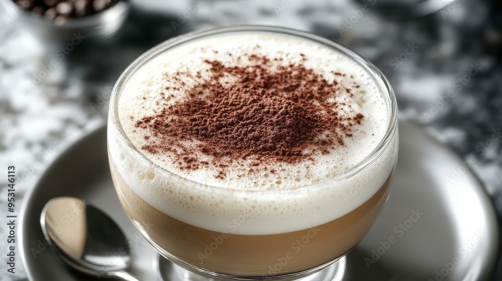 Design a close-up of a cappuccino with a beautifully frothy top and a sprinkle of cocoa powder. Design a close-up of a cappuccino with a beautifully frothy top and a sprinkle of cocoa powder.