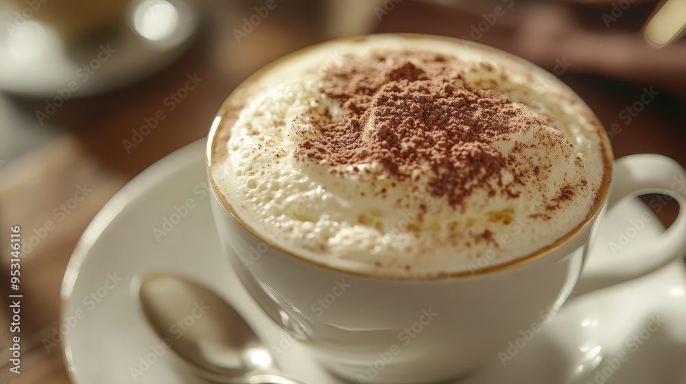 Design a close-up of a cappuccino with a beautifully frothy top and a sprinkle of cocoa powder. Design a close-up of a cappuccino with a beautifully frothy top and a sprinkle of cocoa powder.