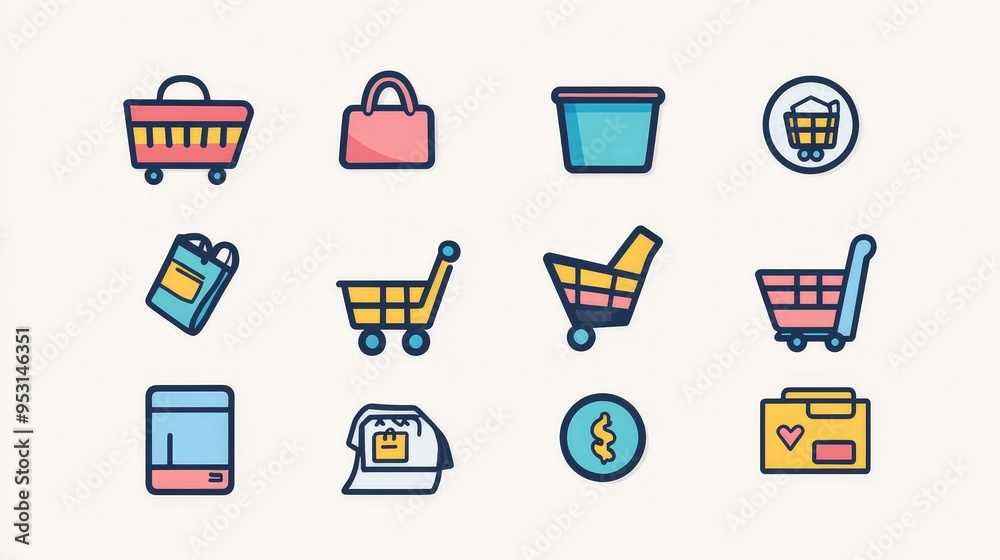 Design a collection of shopping icons, featuring symbols for cart, wishlist, payment, and sale. Design a collection of shopping icons, featuring symbols for cart, wishlist, payment, and sale.