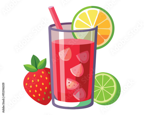 A glass of strawberry cocktail with strawberries and lime slices vector illustration