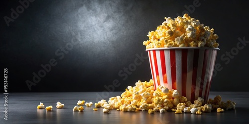 A colorful, curved cardboard bucket overflowing with freshly popped white and yellow kernels of fluffy, buttery goodness, set against a dark background with subtle shadows.