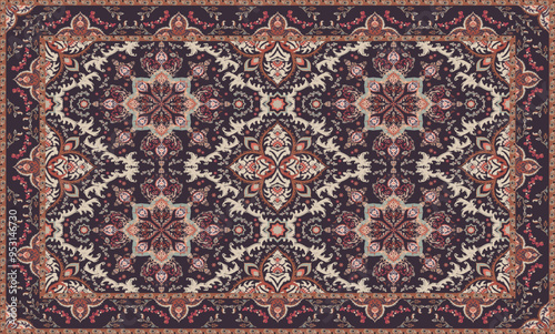 Vintage Arabic pattern. Persian colored carpet. Rich ornament for fabric design, handmade, interior decoration, textiles. Blue and beige background.