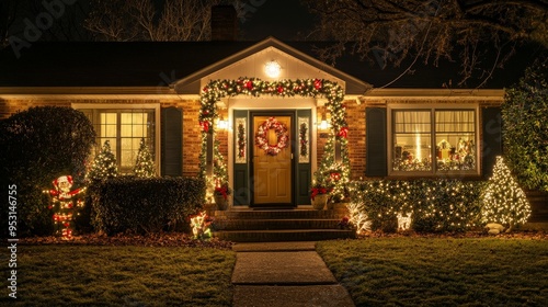 Design a cozy suburban house decorated for the holidays.