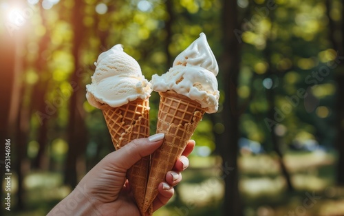Close-up of two vanilla ice cream gelato waffle cones holding women’s hands on blurred tree garden background. summer treats