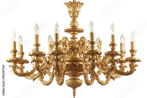 A large, ornate, gold chandelier with multiple candle-style bulbs, hanging against a white transparent background.